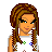 Pixel art of a character with brown braided hair holding a white bucket, wearing a white top and pants decorated with pink plus signs and multicolored flowers.