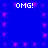 Blue background with four instances of 'OMG!' text and scattered pink star-like shapes.