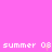A static image with a solid pink background displaying repeated white text 'summer 08' in pixelated font, each instance accompanied by small orange sparkles.