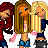 Pixel art contact sheet of three female cartoon characters with text phrases arranged in a 3x3 grid, showing animated frame variations.