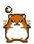 Pixelated orange and white hamster-like creature with angry expression, four distinct poses showing varying limb positions and thought bubble states against gray background.