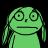 Pixelated green cartoon character with large circular eyes, a straight mouth, and long hair against black background.