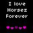 Pixelated text 'I love Horsez Forever' in white on black background with pink and purple heart symbols below, two variations of the hearts animated.