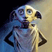 Dobby the house-elf from Harry Potter appears in a of with varying pixelation and text overlays, wearing a white cloth around his neck