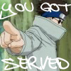 Anime character in gray hoodie points finger with text 'YOU GOT SERVED' over green background