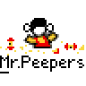 Pixel art buddy icon featuring a cartoon character with black hair and white face, red shirt, yellow arms, surrounded by small red/yellow elements on gray background with "Mr.Peepers" text below and "badass buddy .com" in red/black above.
