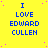 Yellow background with blue text reading "I LOVE EDWARD CULLEN" repeated in a pattern, scattered pink dots, and a gray rectangle in the bottom-right corner