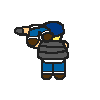 Pixel art character in blue cap and gray vest holding red-and-green object, shown in multiple poses with varying body angles and arm positions against light gray background.