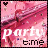 A 4-frame animated contact sheet of a pink-themed buddy icon with 'party time' text and heart symbols, showing subtle animation changes across frames.