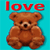 A pixelated brown teddy bear sits against a cyan background with the word 'love' in red text above it.