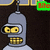 Animated pixel art of a robot character with yellow eyes and a checkered mouth, displaying sequential text changes in green and pink.