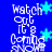 Blue background with white pixelated text reading 'Watch Out It's Coming Snow' and cyan star shapes, animated to shift positions.