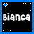 Two side-by-side pixelated frames show a black background with blue border, white heart icon top-left, and 'Bianca' text in different colors.