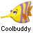 Two side-by-side pixelated fish icons with yellow bodies, purple stripes, and orange fins displayed above the text "Coolbuddy" on a white background.