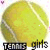 A pixelated tennis ball with a yellow-green surface and white seams, featuring text elements in different states.