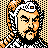 Pixelated 48x48 AIM buddy icon featuring a stylized character with orange and black hair, wearing a white headband with dark markings, set against a beige dotted background.