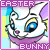 Pixelated bunny head with blue eyes and pink nose, wearing purple collar against pastel striped background with 'EASTER' and 'BUNNY' text.