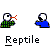 Pixelated animation of a green reptile-like figure with white eyes and red mouth, interacting with blue figures against gray background.