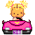 Pixel art contact sheet showing two frames of a cartoon girl driving a pink car with license plates and sparkles.