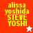Yellow pixelated text 'alissa yoshida STEVE YOSHI' on red, white, and pink backgrounds with a small star icon changing from white to red.
