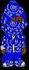 Static pixel art icon of a hooded figure in blue patterned clothing with brown hands and white shoes against black background.