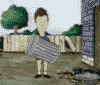 Animated sequence showing two cartoon figures interacting with a striped trash can in a backyard setting.