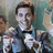 Pixelated image of a person in formal attire holding two white objects against a blurred background.