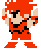 Pixel art character with red hair and red outfit, two poses showing arm and leg positions, gray background.