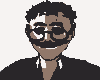 Pixelated cartoon character with dark curly hair, round glasses, and a mustache in three of four, showing facial expression changes