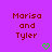 Purple background with red pixelated text 'Marisa and Tyler' on both sides, two green heart symbols below the text.