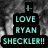 Black-and-white photo of a person with curly hair overlaid by cyan text reading "I LOVE RYAN SHECKLER!!" on black background.