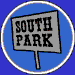 Six circular blue icons with white borders display South Park characters and a sign; one icon is grayed out.