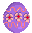 Animated sequence of a yellow chick hatching from a purple egg with pink floral patterns, showing egg cracking, chick emerging, and beak opening.