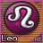 Purple circular icon with white Leo zodiac symbol, orange-brown striped background, and 'Leo' text below.