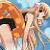 Pixelated static image shows two figures in close physical contact against a blue sky background with orange and brown elements.