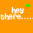 Pixelated orange background with white text 'hey there...' repeated four times, green pixel art symbols above and between text blocks.