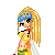 Pixel art of a blonde character with blue headband holding ice cream, surrounded by pink background with yellow text and hearts.