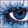 A close-up of a blue eye with detailed eyelashes and a pixelated, crystalline texture surrounding the iris and eyelashes.