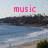 Pixelated landscape with pink text 'music' overlaid on a light blue sky above a dark shoreline and blue water.