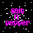 Pixelated text 'salt n' pepper' in bright pink on black background with white speckles, one gray rectangle in bottom-right corner.