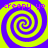Four identical yellow and purple spiral patterns arranged in a with pink text reading 'creepy yo' above each spiral