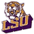 Pixelated tiger mascot with orange and brown stripes, white face, and purple accents holding a football, positioned above large orange 'LSU' letters on purple background.