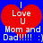 Red heart with white text "I Love U Mom and Dad!!!!! :)" on blue background, two identical frames side-by-side.