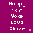 Pixelated text 'Happy New Year Love Aimee' on magenta background with animated punctuation changes.