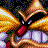 Pixelated character with brown hat, black face, red nose, and purple mouth showing white teeth against orange background.