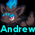Pixelated character with brown fur, blue accents on head and feet, red eyes with white pupils, standing against black background with cyan text overlays.