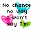 Pixelated text reads "No chance no way I won't say I'm in love..." with cyan, pink, and green heart icons on white background.