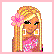 A 4-frame pixel art contact sheet showing a cartoon doll with blonde hair, pink accessories, and a pink outfit across different poses and text display.