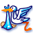Pixelated icon of a blue stork with orange beak and feet, holding white egg in wings against plain background.