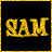 Animated contact sheet showing three frames of a golden glittery "SAM" text icon with black background and gold border, displayed in 2x2 grid layout with one empty gray cell.